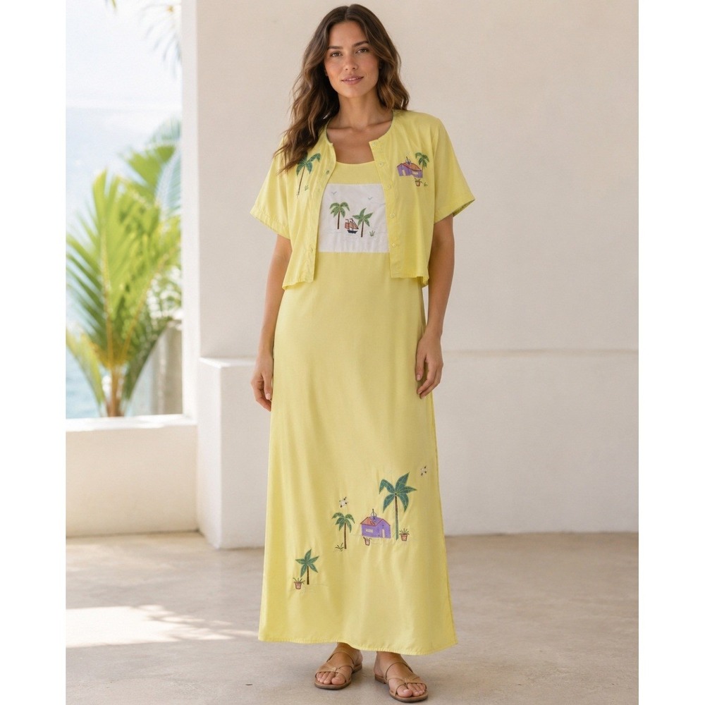 Parsley & Sage 2 Pc Yellow Maxi Dress Top M Beach Embroidery Art To Wear